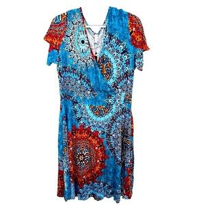 NWT DB Moon Bohemian Blue and Red Patterned Dress